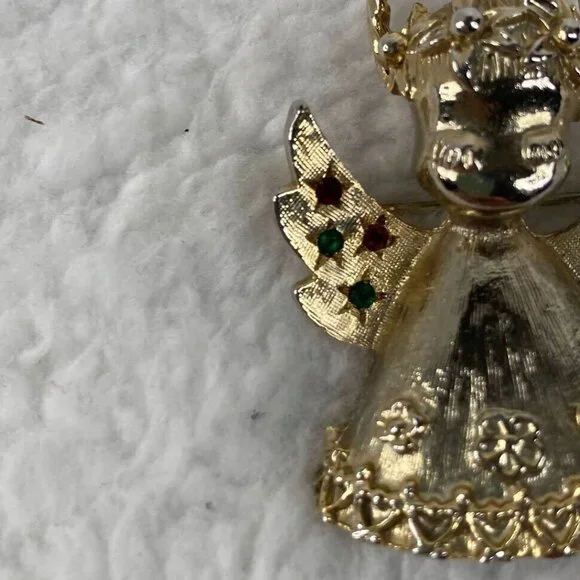 Vintage‎ Christmas Angel Brooch 2" Pin Gold Tone Red Green Rhinestones - Picture 4 of 10